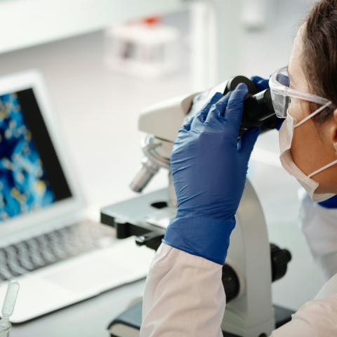 Researcher with microscope